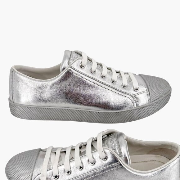 Prada Cap Toe Low Top Sneakers Size 41 US 11 Metallic Silver Leather Logo Shoe - Picture 9 of 14